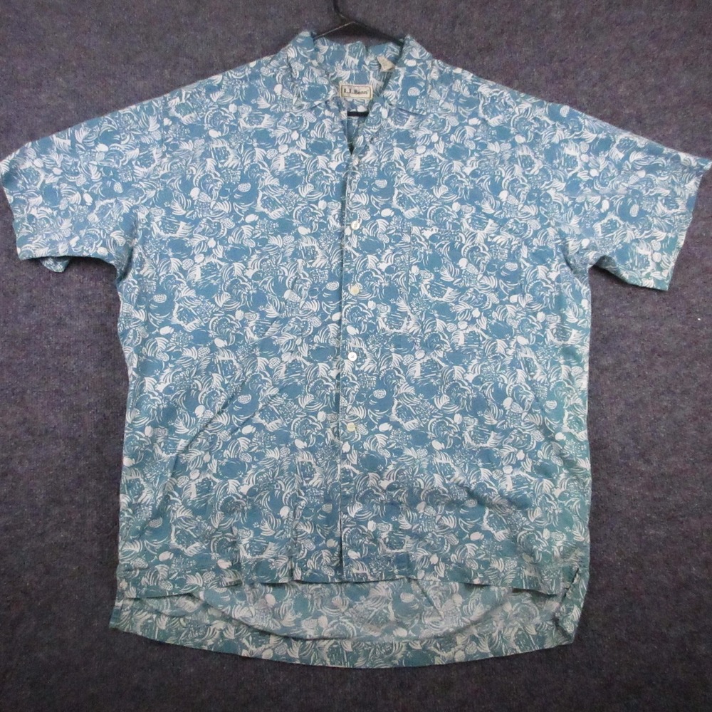 L.L. Bean Shirt Mens Large Blue Floral Hawaiian Short Sleeve Button Front Pocket
